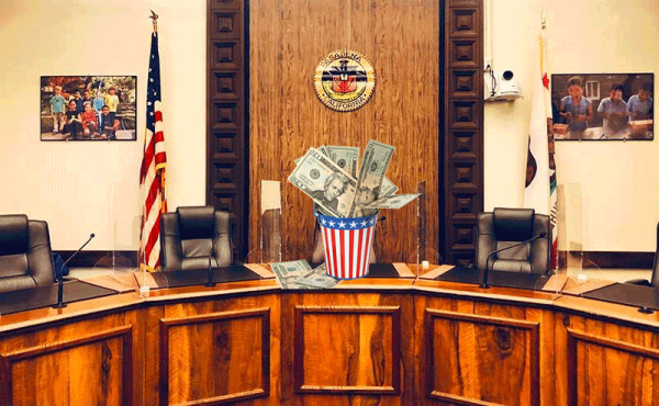 a cash bucket on a dais