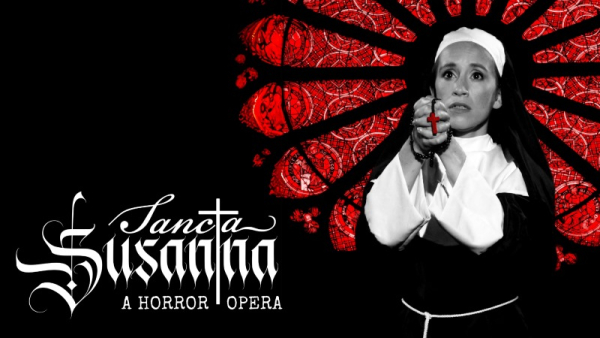 A graphic of a nun holding a cross