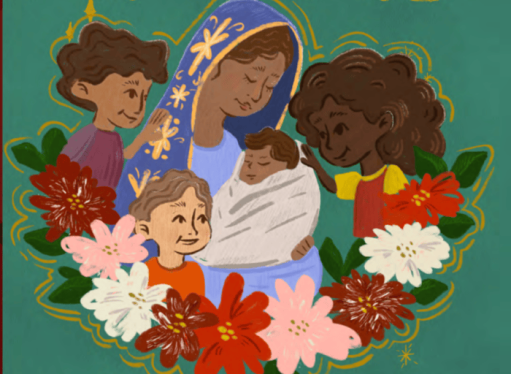 Cartoon of people surrounded by flowers