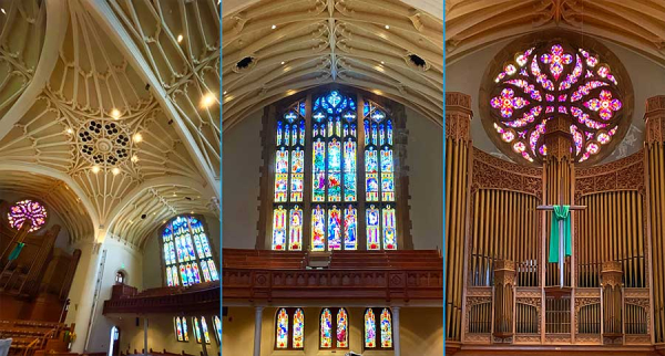 glass windows and pews