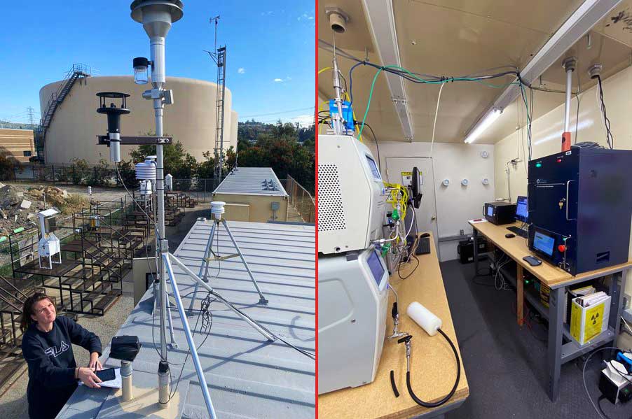 a woman measuring air quality and a room full of equipment