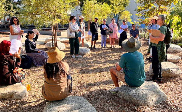 People gather in an open space