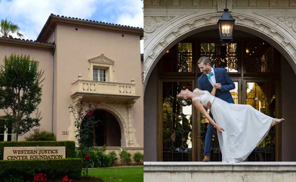 a historical house and a photo of two newly wed