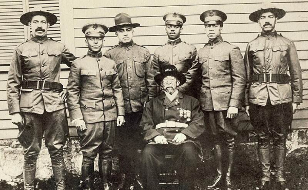 William B. Gould and his six sons in military uniforms