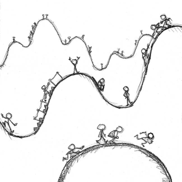 people going through mountains and valleys