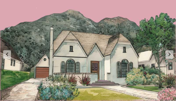 a drawing of an old style home
