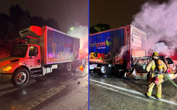 a truck on fire and a car smashed behind it