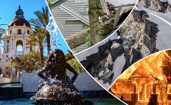 scenes of city hall and various disasters