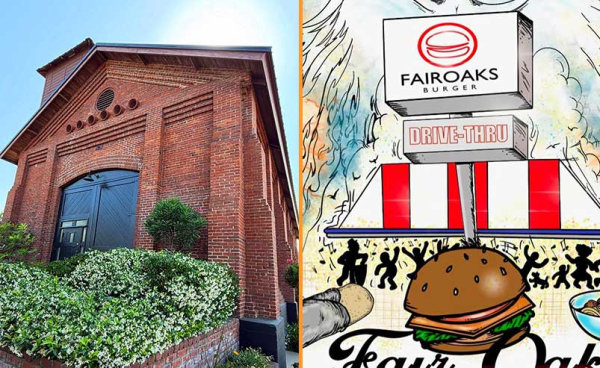 A thrift shop building and food joint