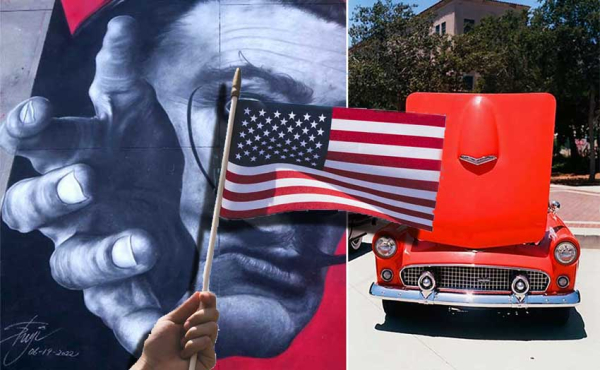 a chalk painting, car show and an American Flag