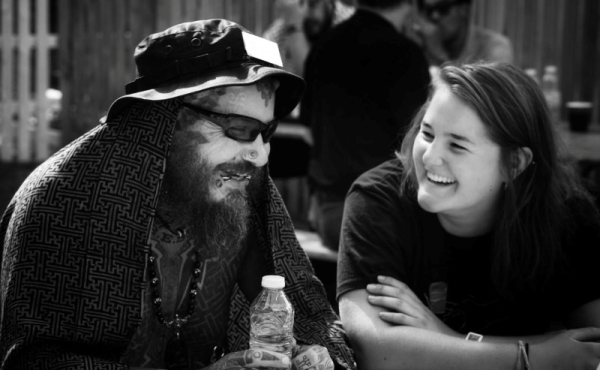 A man and woman laughing