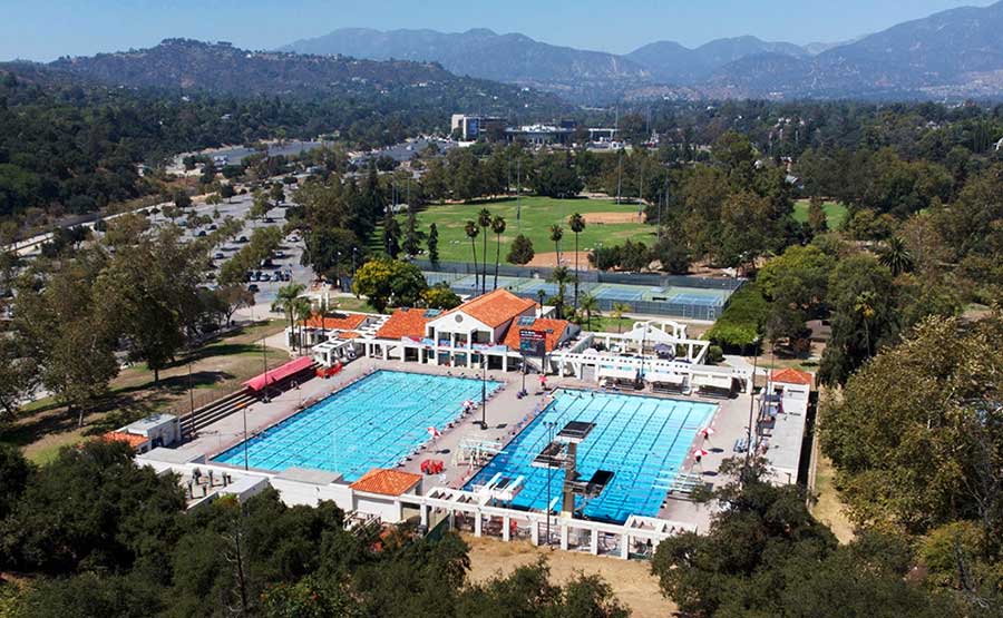 an aerial view of swimming pools