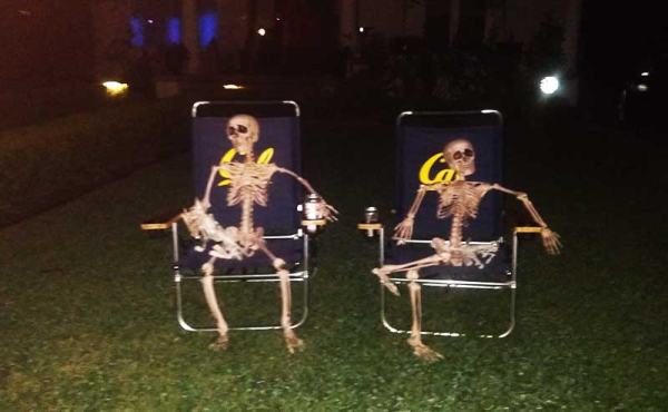 two skeletons on lawn chairs