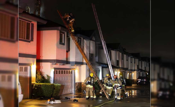 A firefighter on a ladder