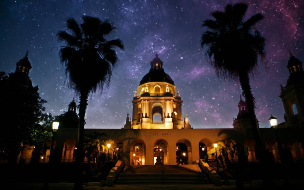Front of Pasadena Convention Center at night.
