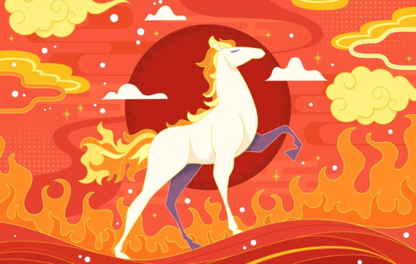magestic white horse on a red and orange illustrated hillside