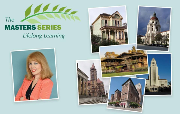 lecturer Eleanor Schrader photo layered with photos of legacy buildings