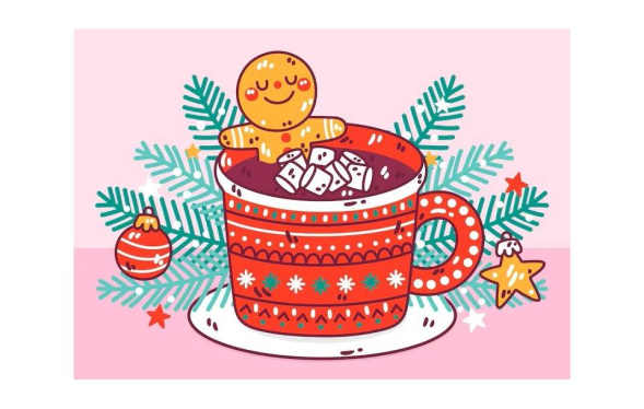 A gingerbread man soaks his feet in a festive hot holiday cup