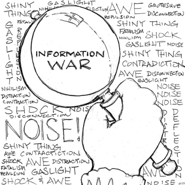 a man holding a magnifier with the words: Information War