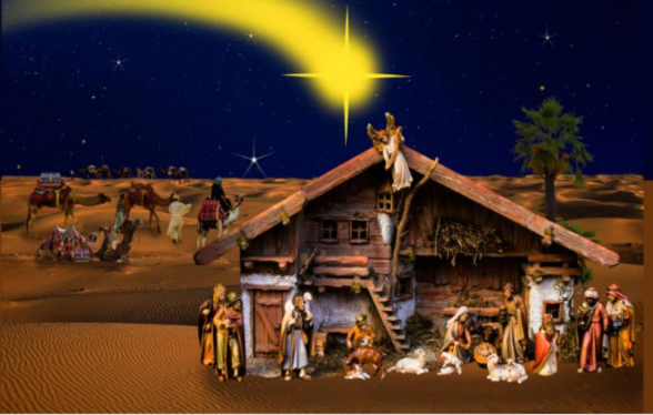 A nativity scene with a shooting star above