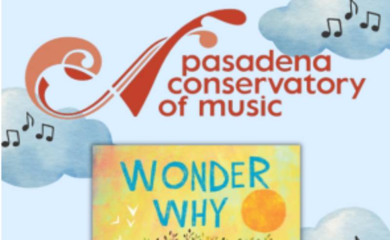 PCM logo floats in sky with musical notes above children's book cover