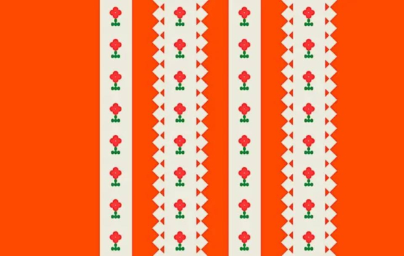 orange background with long white ribbons decorated by repeating floral motif