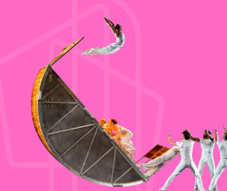 pink background with acrobat climbing an angled orange slice-shaped obstacle