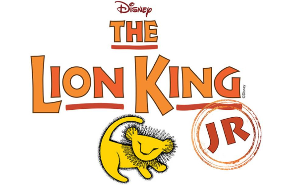 marquee orange and red lettering of The Lion King Jr with a small yellow lion illustration