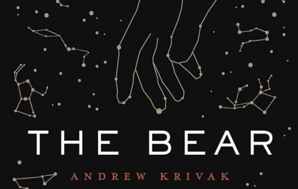 black background with white dots and line of constellations and human hand points to The Bear title
