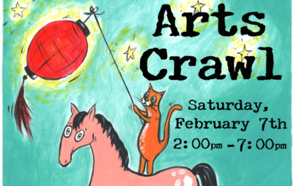 illustrated cat stands on a pony's back and waves Chinese lantern with black art crawl lettering behind