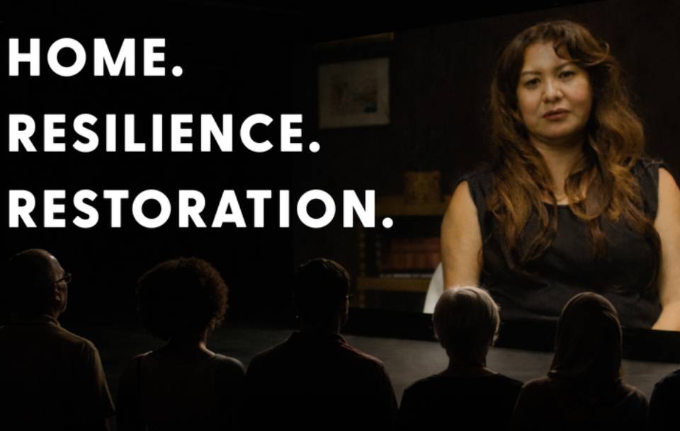 sad woman looking into camera with words to her left that read Home Resilience Restoration