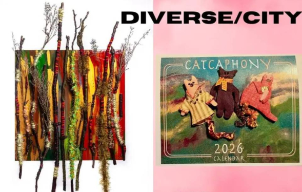 branches over red background and Catcophony calendar graphics