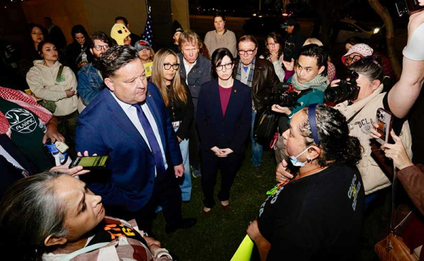 protesters and officials