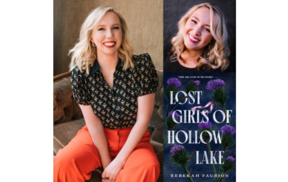 blond woman with cover of dark novel Lost Girls of Hollow Lake