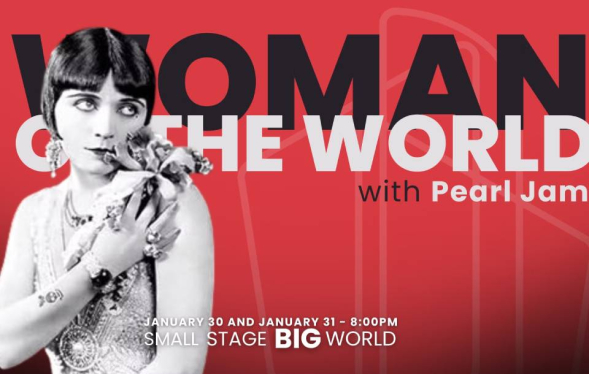 red background with flapper style movie star snififing a large corsage on her shoulder