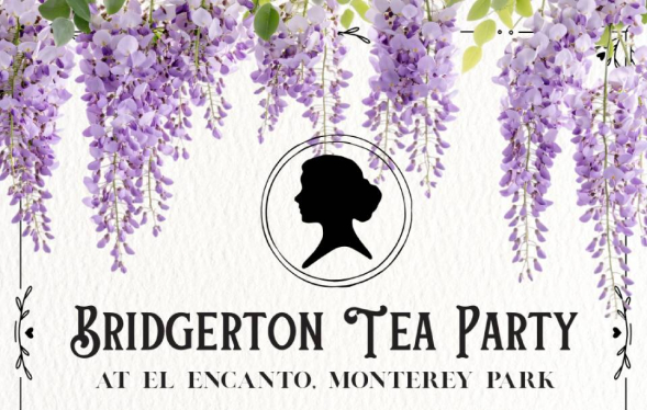 purple wisteria vines hang down over a white background with a ladies black silhoutte above text