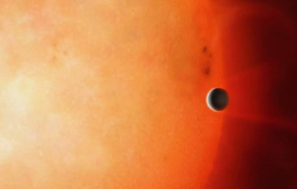 yellow to red planet background with a small moon in foreground