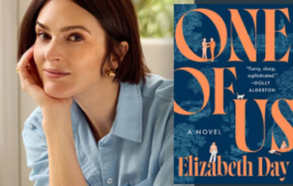 brunette woman leans on elbow next to book cover of one of us