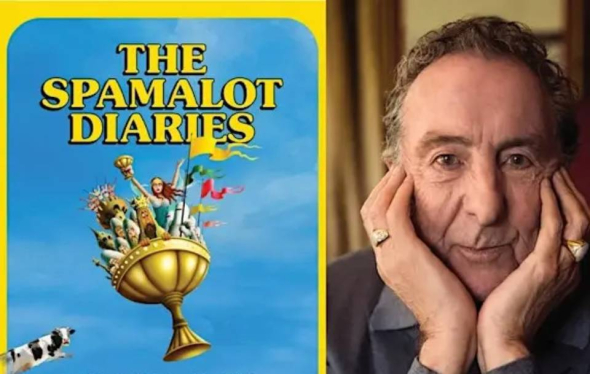 illustration with flying chalice full of cheering medieval people next to photo of man smiling