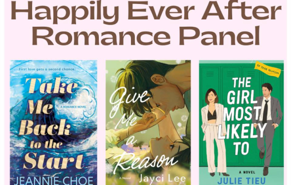 three book covers lie underneath text banner