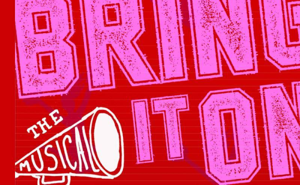 pink banner of school musical title with cheerleader