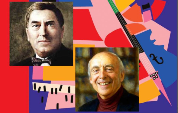 two photos of men smiling overlay a pastel-splashed painted background