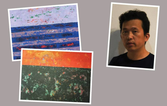 young man with dark hair photo and two abstract paintings