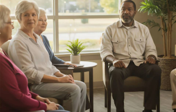 half a dozen senior adults sit in comfortable chairs chatting