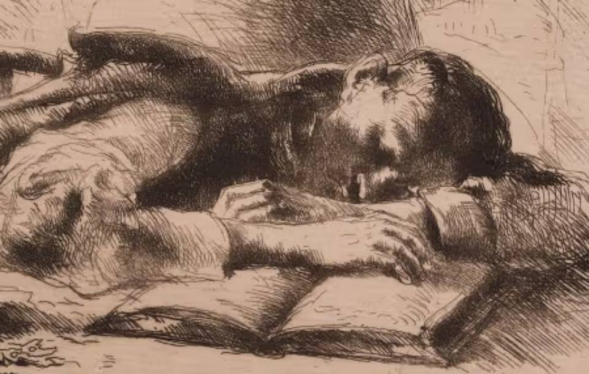black and white sketch of man sleeping on a desk full of open books