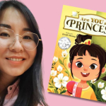 smiling woman with glasses and cover of a children's book with happy little girl