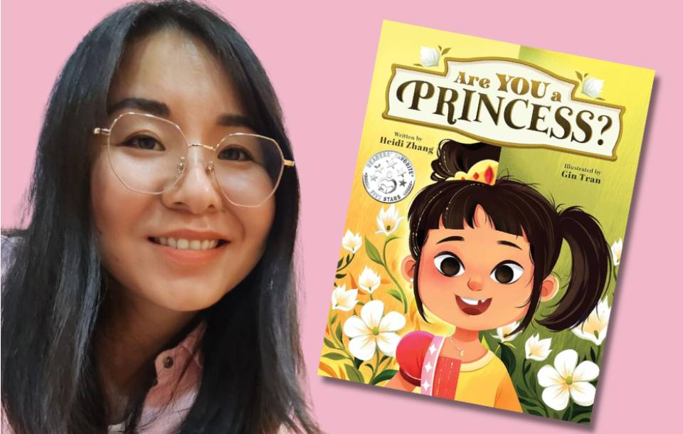 smiling woman with glasses and cover of a children's book with happy little girl