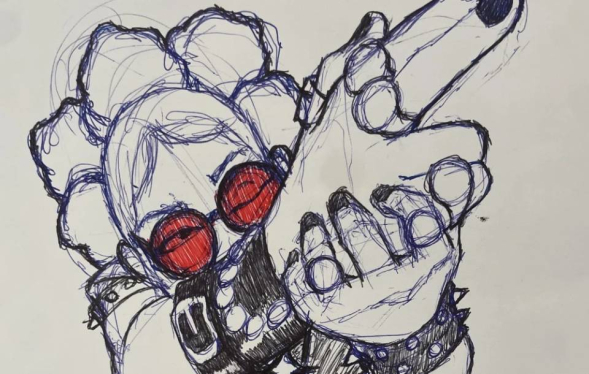sketch of red-glasssed woman shooting her fingers like a gun
